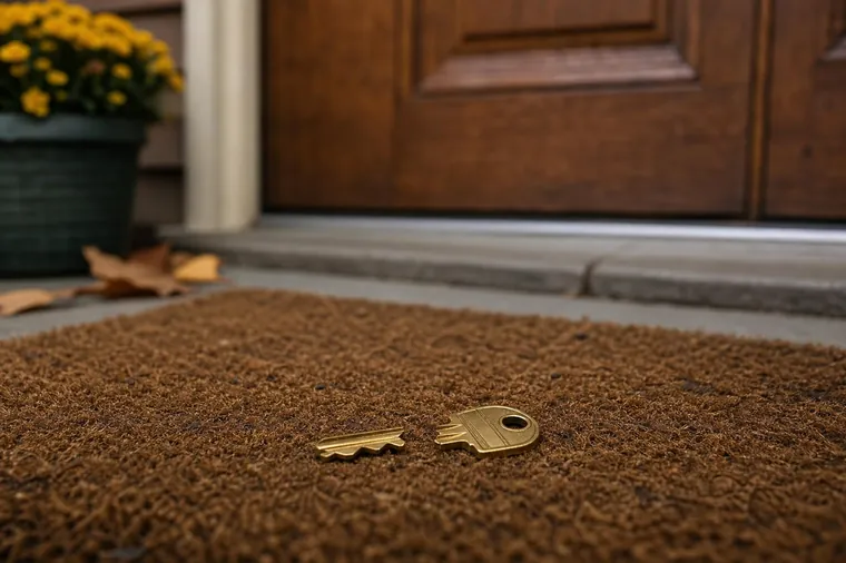 Snapped house key on a doormat in front of a door