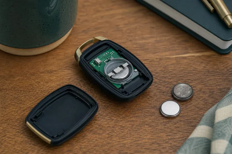 Car key fob opened with its coin battery beside it