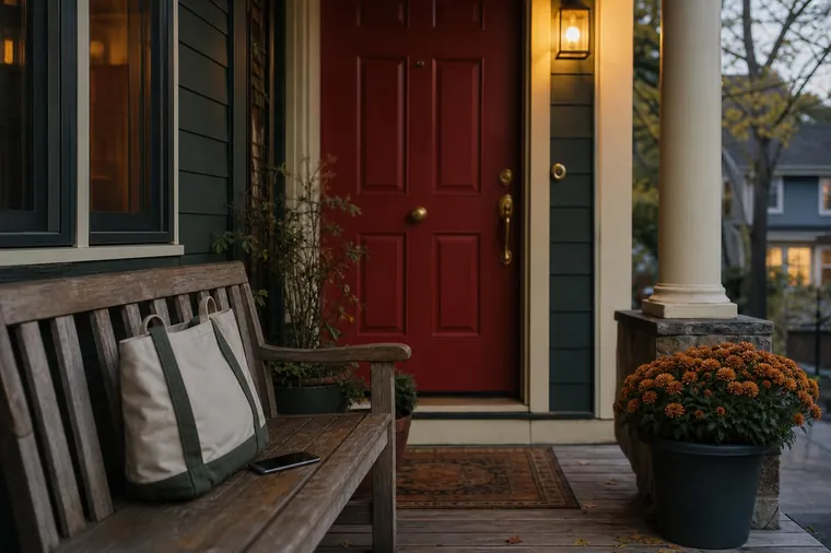 Front porch at dusk with the door closed and a bag on the bench