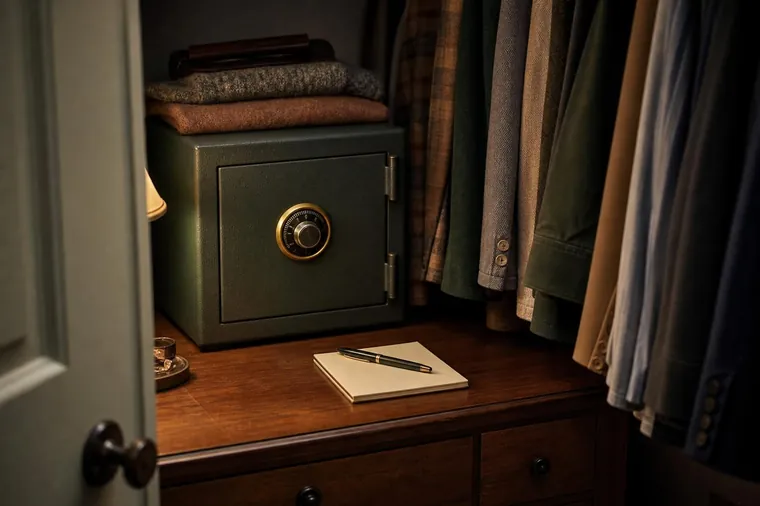 Closed home safe with a dial in a closet