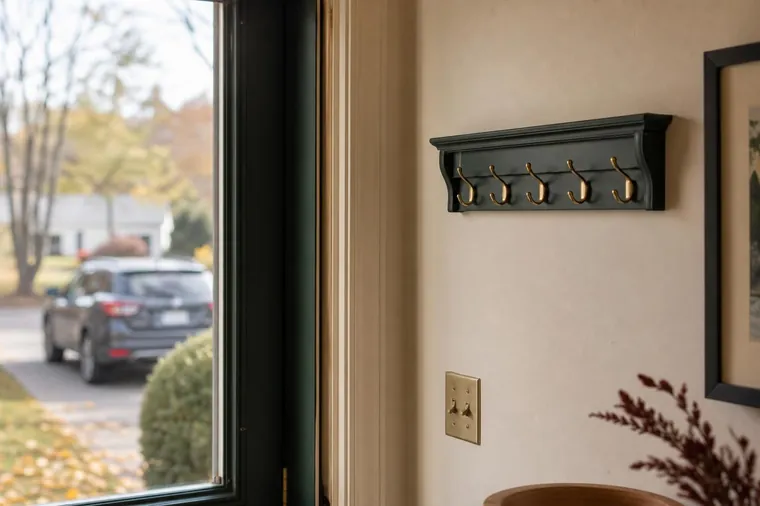 Empty key rack by a front door with a car outside