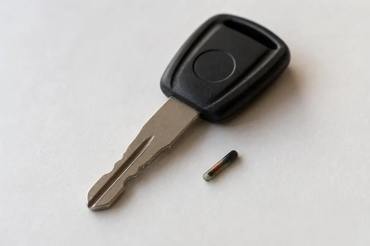 Car key next to a tiny glass transponder chip