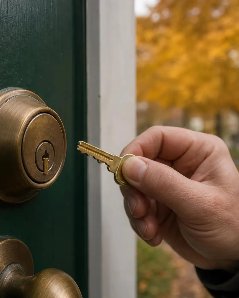 Broken key tip stuck in a door lock with the other half beside it