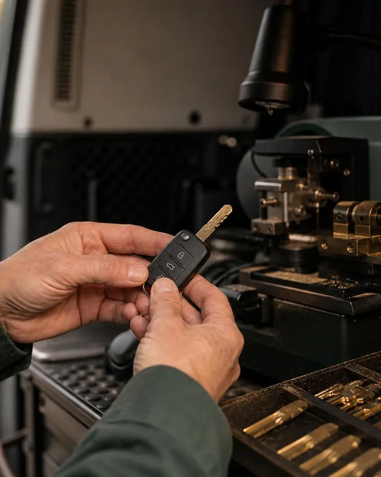 Newly cut car key with a remote head held over a key cutting machine