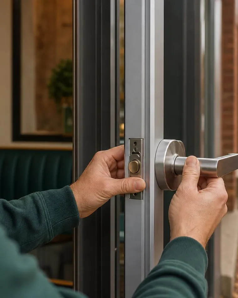 Commercial lever lock installed on a glass storefront door