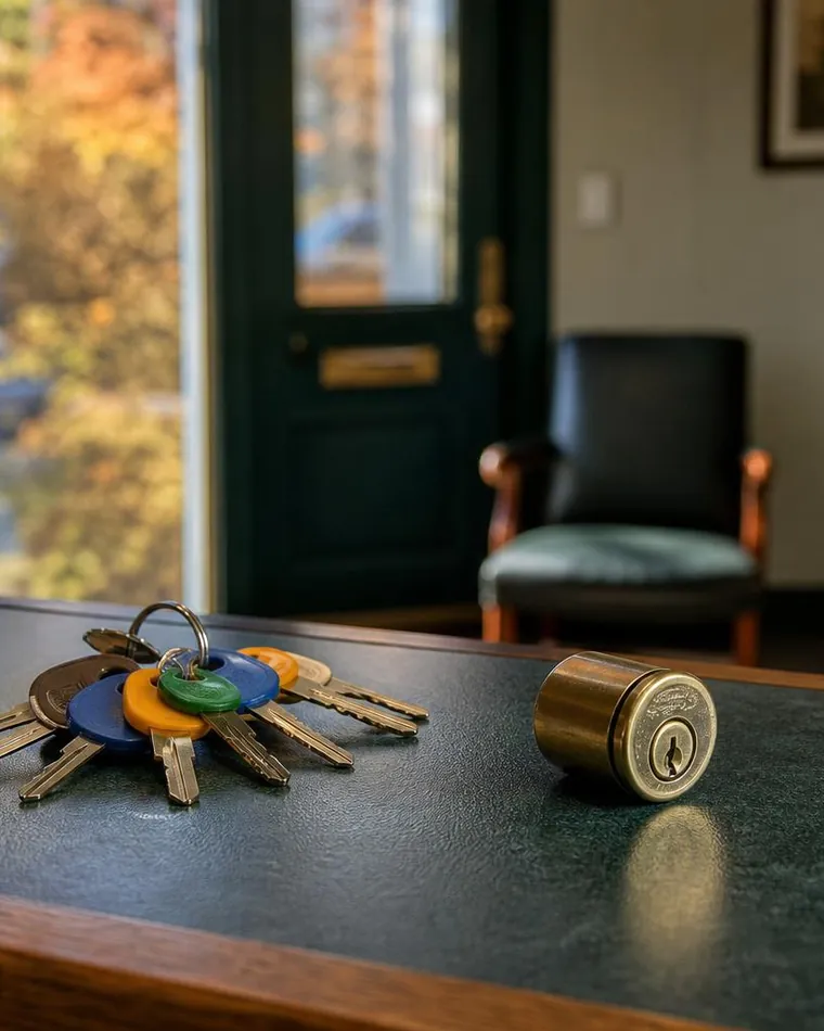 New color capped keys beside a lock cylinder on an office desk