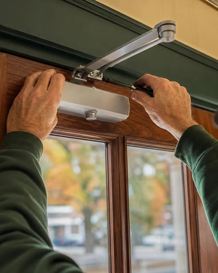 Door closer arm being adjusted at the top of a door