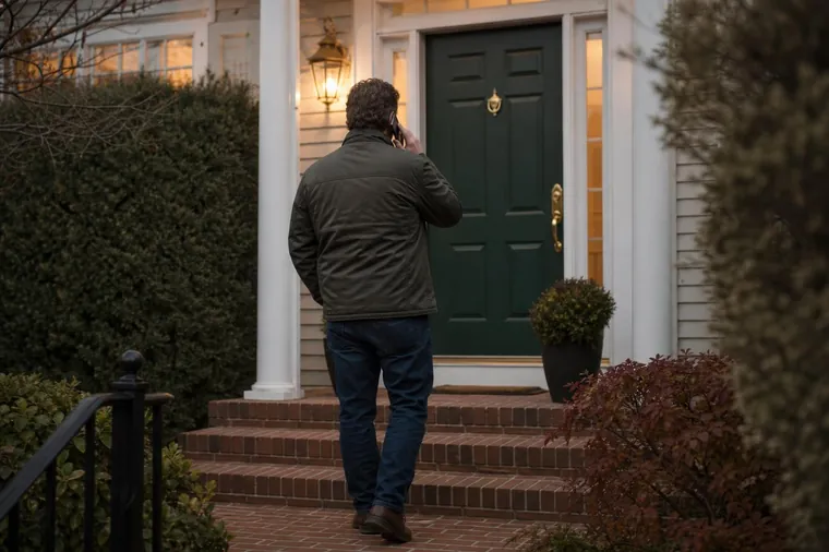 Homeowner on the front steps of a house at dusk with the door closed