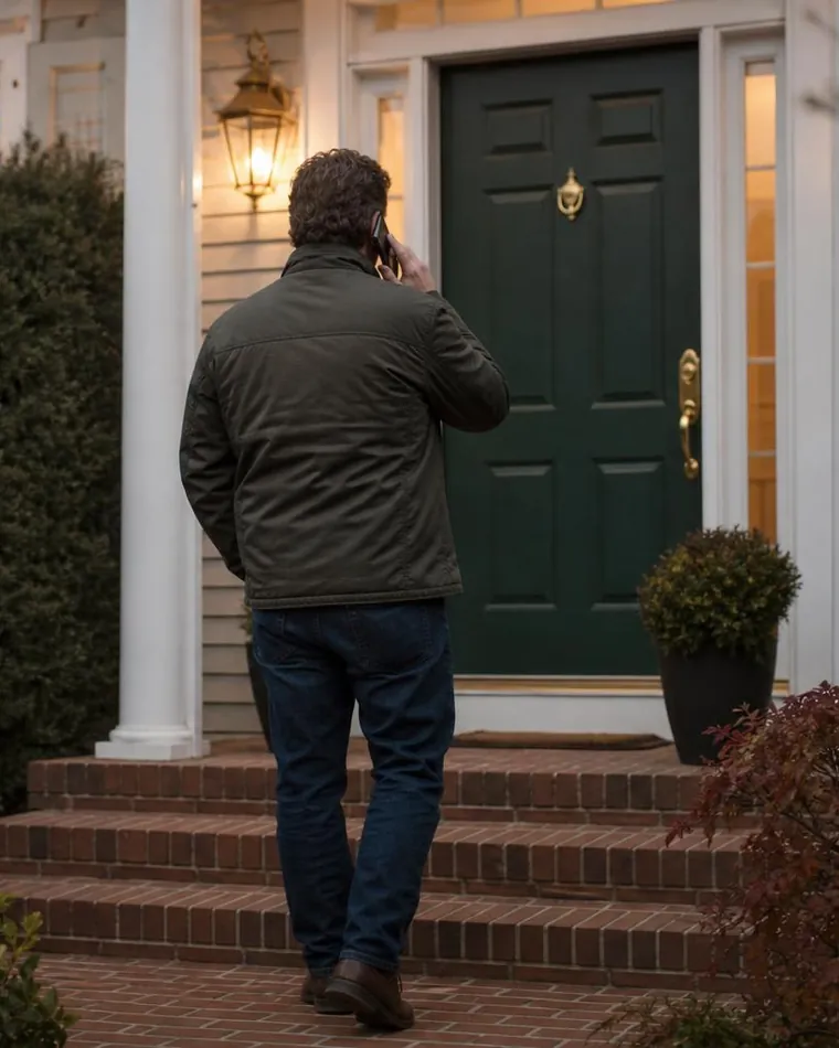 Homeowner on the front steps of a house at dusk with the door closed
