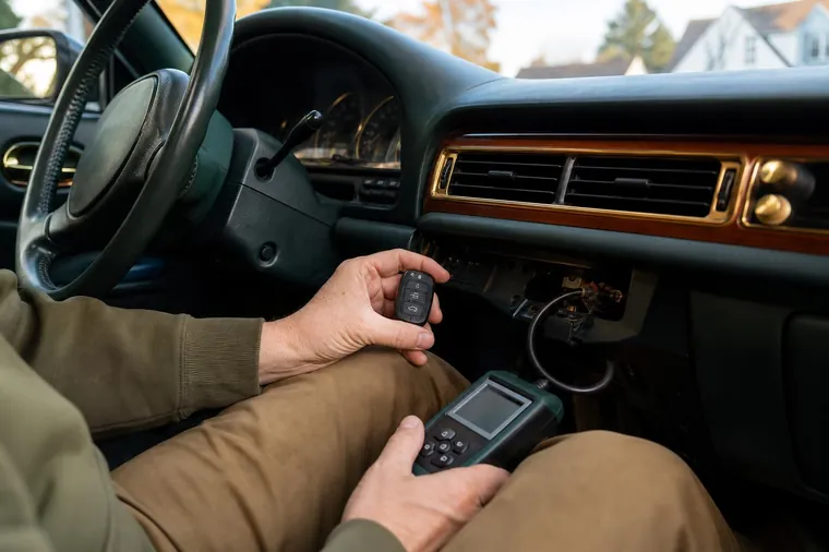 Key fob held next to a programming device inside a car