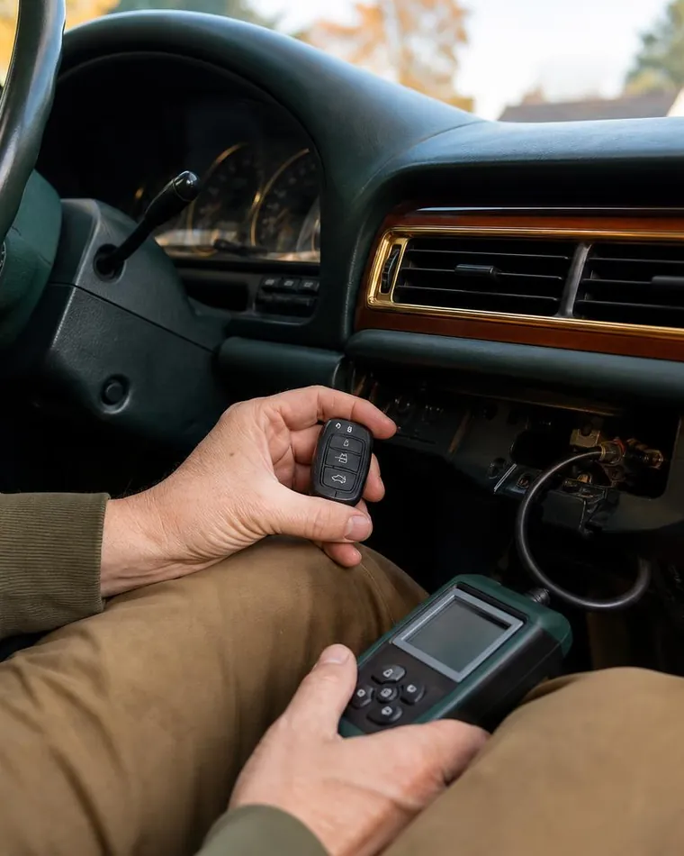 Key fob held next to a programming device inside a car