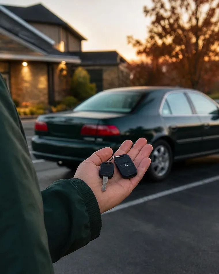 New car key and remote on an open palm in a parking lot