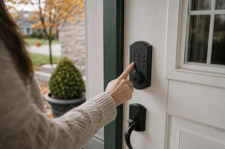 Keypad smart deadbolt on a white front door